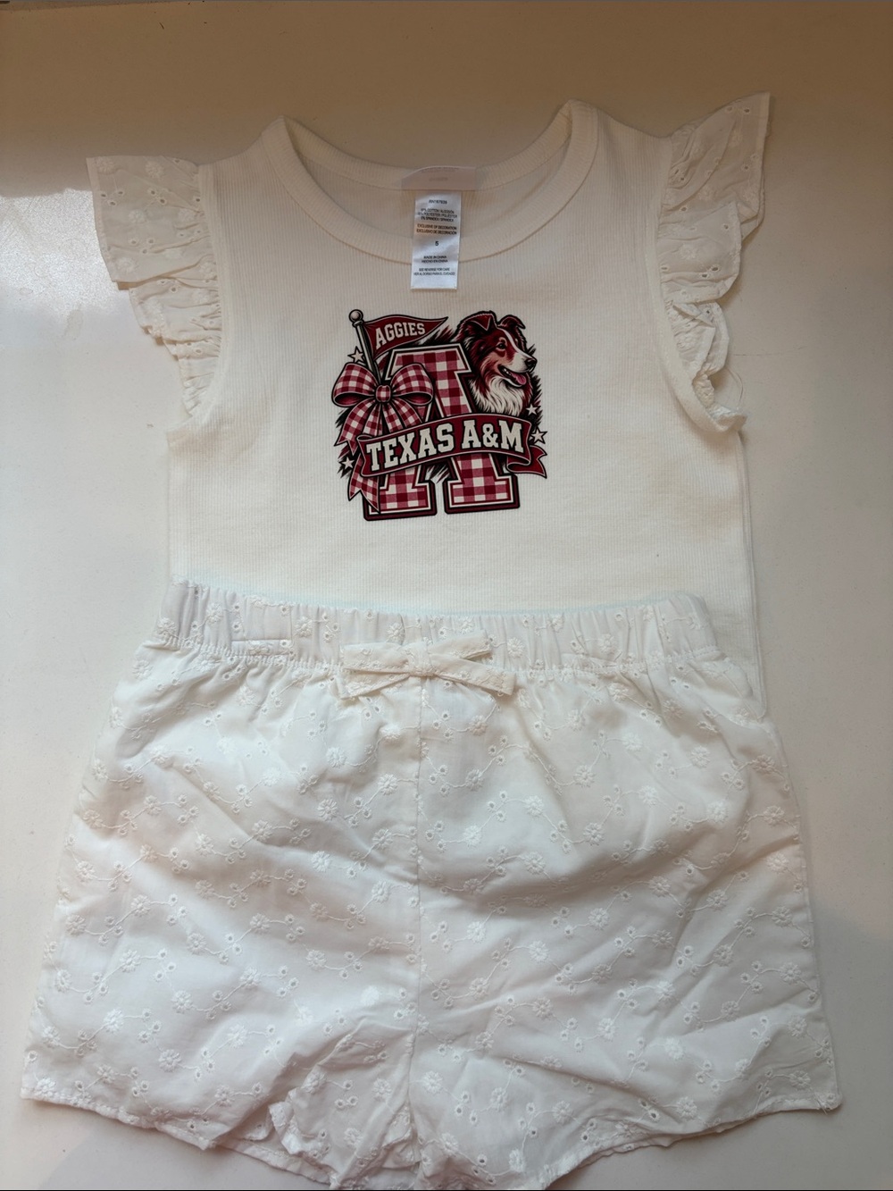 White eyelet shorts set with Maroon and Pink Texas A&M Graphic NWT